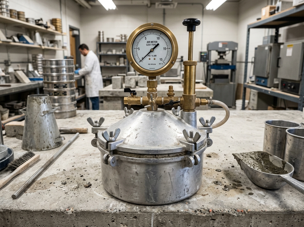 ASTM C231 Type B concrete pressure air meter apparatus on lab bench