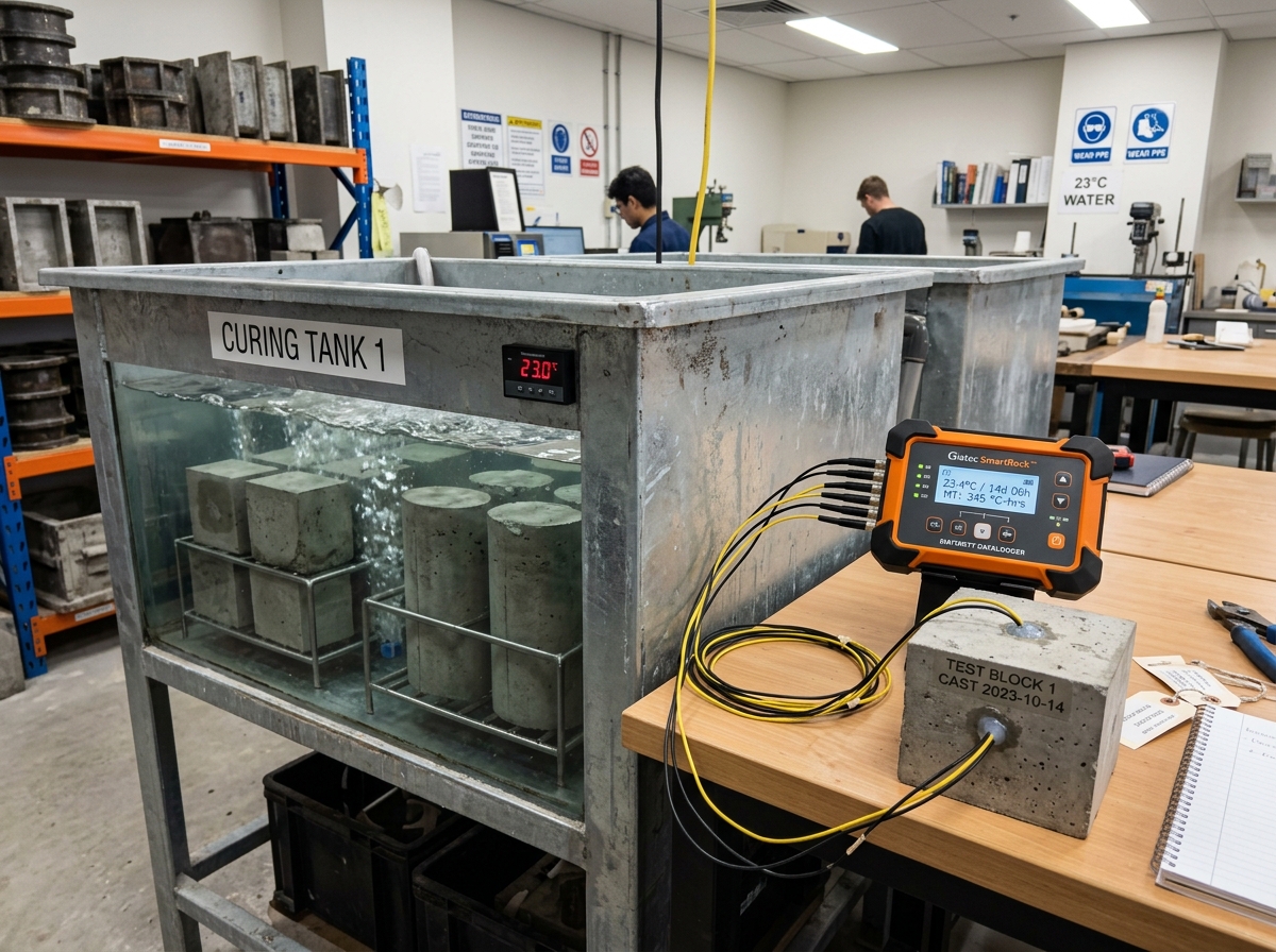 Temperature-controlled concrete curing tank at 23.0 C with submerged specimens and digital maturity datalogger