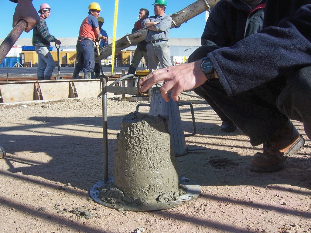 ASTM C143 Slump Cone Test with inverted cone, tamping rod, and ruler